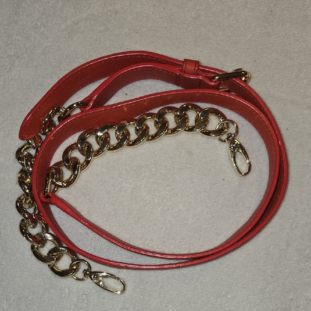 Henri Bendel Red-Orange Leather & Gold Curb Chain Luxury Bag Strap RARE